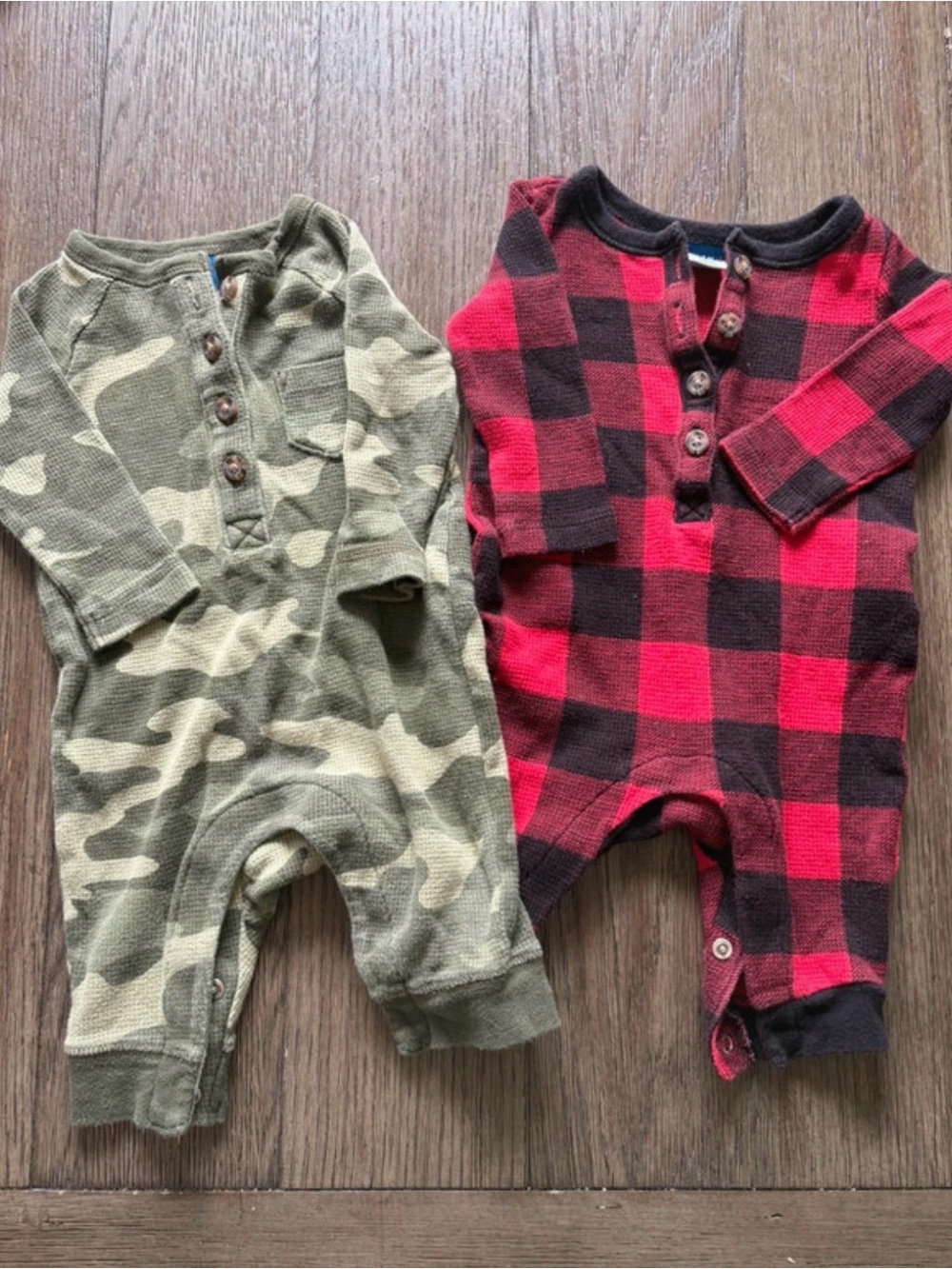 Old Navy Long-Sleeve One-Piece Romper Set in Olive Camo and Red Buffalo Plaid